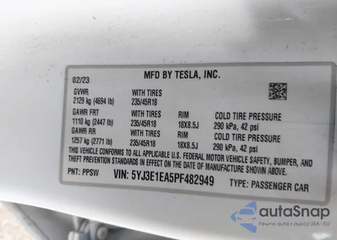 2023 Tesla Model 3 Rear-Wheel Drive z USA, uszkodzony, nr VIN 5YJ3E1EA5PF482949